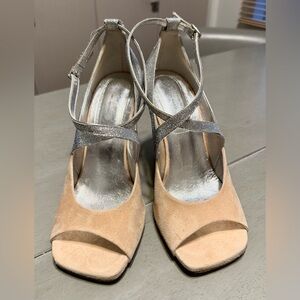 Dries Van Noten - Silver Textured + Fawn Suede Slant Heel Party Shoezies!